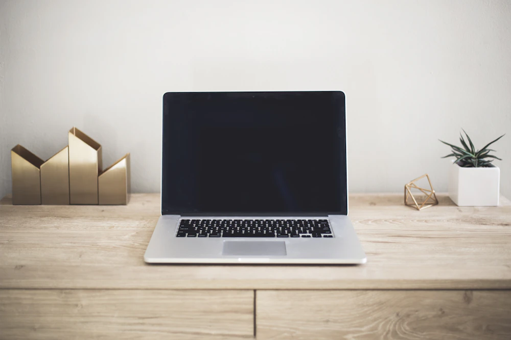 Illustrative laptop on a wooden desk with a plant and simple accessories